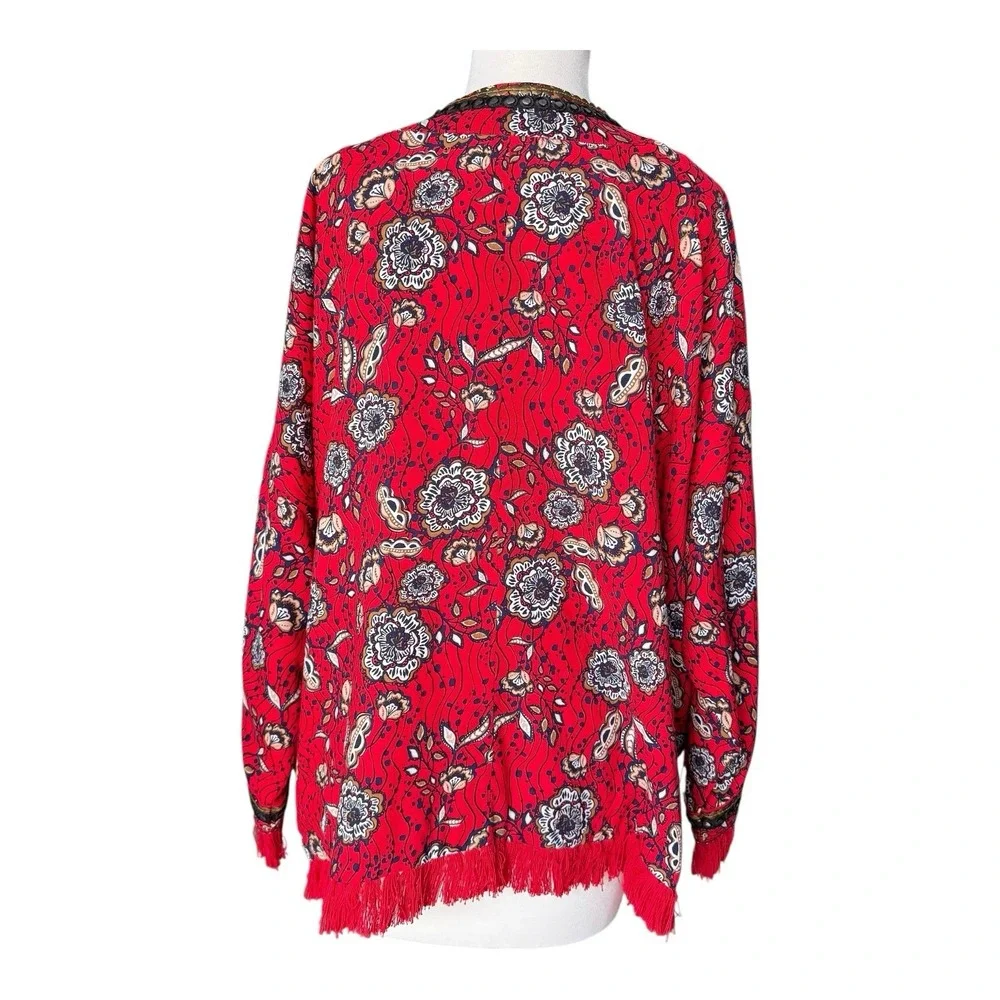 COLLEEN LOPEZ Floral Print Open Jacket Size Large Red Sequin Kimono Crop Fringe